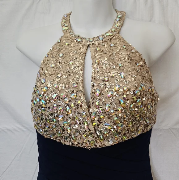 Morgan & Co. | Dresses | Gown Dress 56 Navy Gold Keyhole Low Back | Poshmark